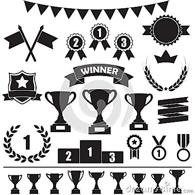 Trophy and awards icon set: laurel wreath, winning trophy cup, crown, medals, pedestal, flags, ribbons. Vector illustration Vector Illustration